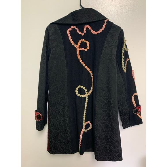 Moka Sport Vintage Wool Blend Embroidered Embellished Gray Pea Coat Size Medium - Picture 2 of 4